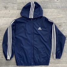 Adidas Youth Large Vintage Y2K Navy Three Stripe Hooded Windbreaker Jacket