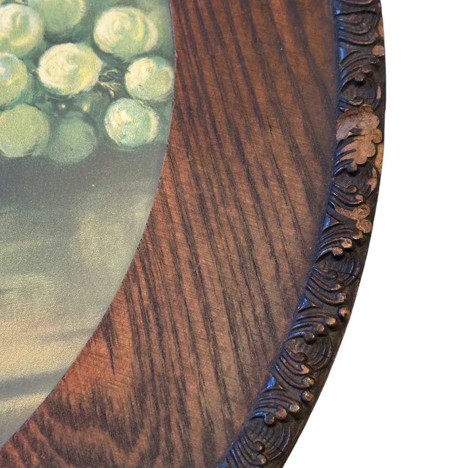 Antique 19th C. Print Still Life Fruit w Round Wood Frame Peaches And Grapes - Image 3 of 4