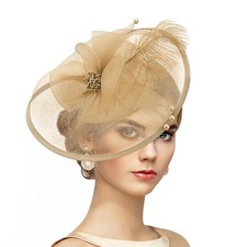 Feather Tea Party Fascinator - 2025 Derby Hat with Hairpin, 1920s 50s Hats Gold