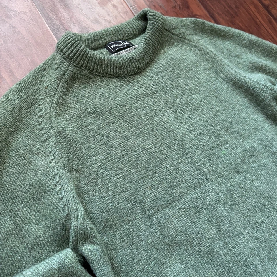 VTG JCPenny Men’s Shetland Wool Crewneck Sweater Green Full Fashioned Medium - Image 4 of 4