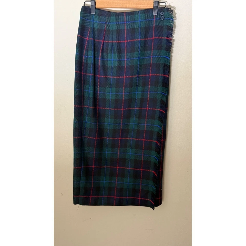 Винтажная клетчатая шерстяная смесь миди юбка бахрома кнопки с подкладкой размер 8 - Изображение 2 из 4