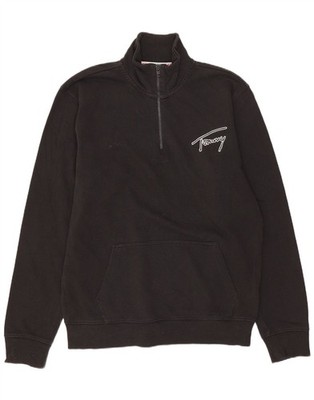 TOMMY HILFIGER Mens Zip Neck Sweatshirt Jumper Medium Black Cotton AK21
