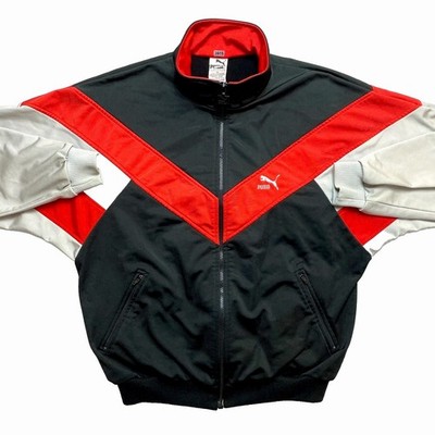 Puma Jacket Mens Medium Black Red Gray Windbreaker Track Full Zip