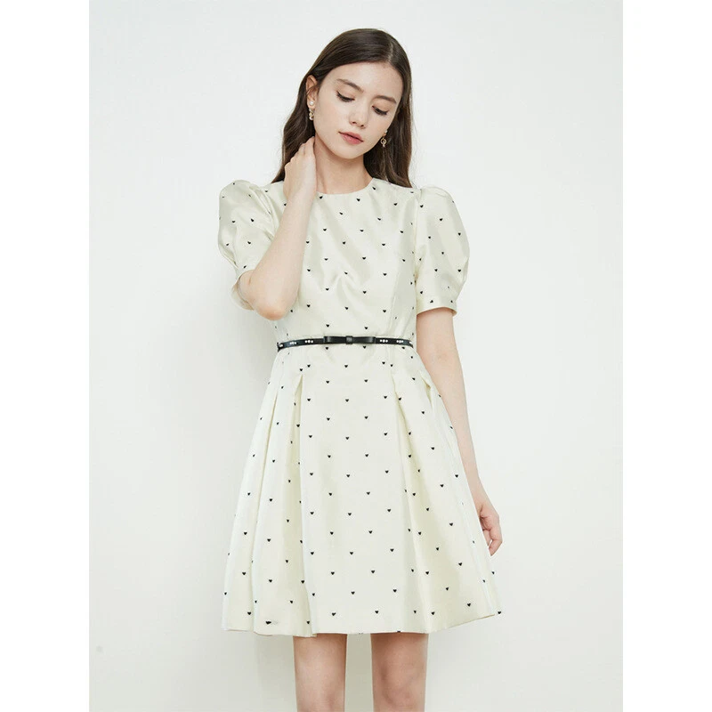 OFF WHITE Abito corto donna manica a sbuffo linea A estivo sera festa dolce casual zip