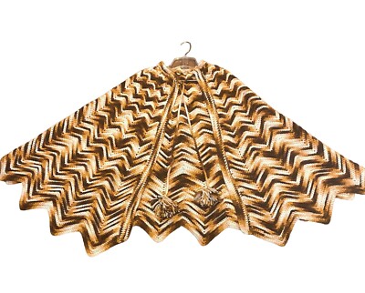 Vintage Hand Knit Boho Hippie Granny Brown Orange Chevron Poncho Cape Tassel Tie