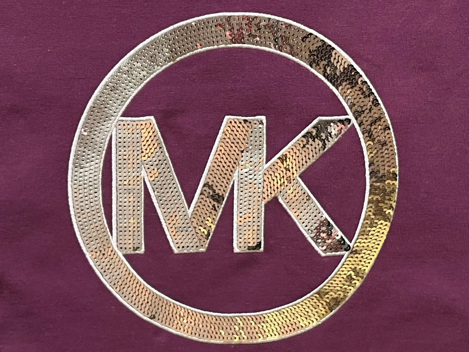 Nuovo! Felpa con cappuccio Michael Kors donna S Merlot paillettes oro logo MK manica lunga prezzo al dettaglio consigliato $98
