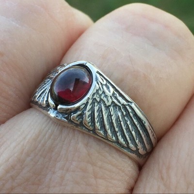 Adlerflügel Ring .925 Sterling Silber Medium Gr. 10 mit echtem Granat Edelstein