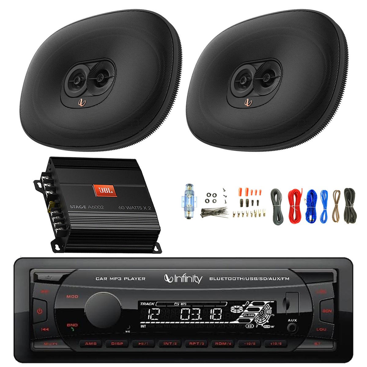 Infinity Single DIN Bluetooth MP3 Receiver, Amp w/Kit, 2x 6x9