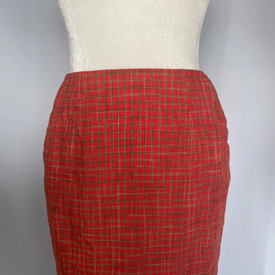 Falda lápiz vintage talla 4 naranja cuadros guinga 100 % lino verano preppy años 90 Foto 3 de 4