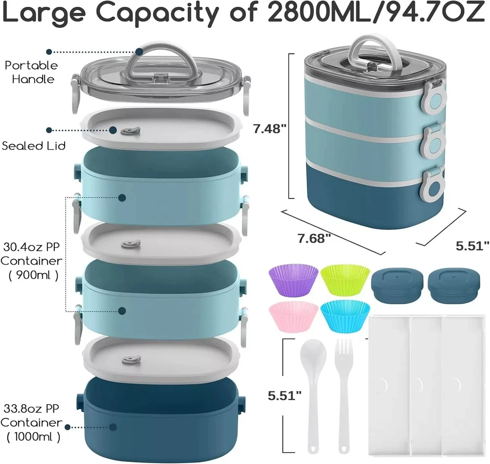 Bento Lunch Box, Stackable 3 Layers Bento Box Adult Lunch Box, 94OZ Large Cap...
