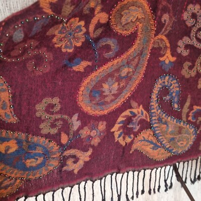 Vintage Tie Rack, wool tassel scarf, Bordeaux color, Paisley design