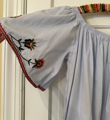 Zara Blue Off Shoulder Floral Embroidered Cotton Dress Boho XS - Picture 5 of 10
