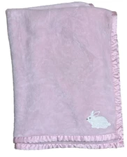 Carters Pink White Appliqued Bunny Rabbit Baby Plush Satin Trim Blanket 30x40