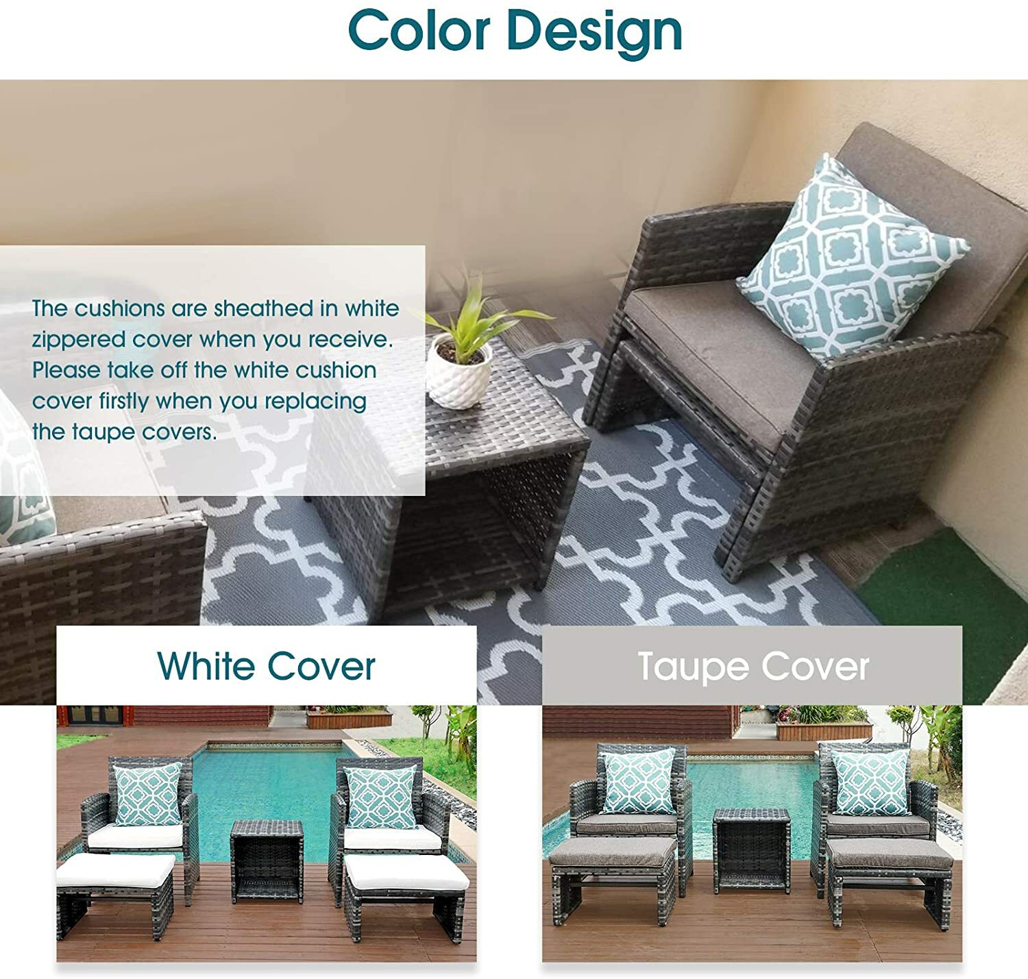 2 Rattan Chairs 2 Ottomans Pillows White Cushions Coffee Table Wicker Patio