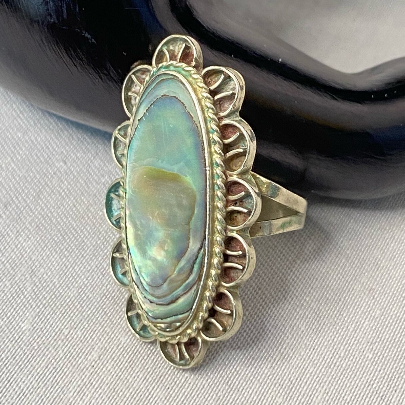 Mexico Silver Ring Long Oval Abalone Shell Stone … - image 3