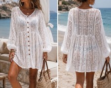 Boho Crochet Lace Dress White Beach Cover Up Cottagecore L Summer-SALE Ava James