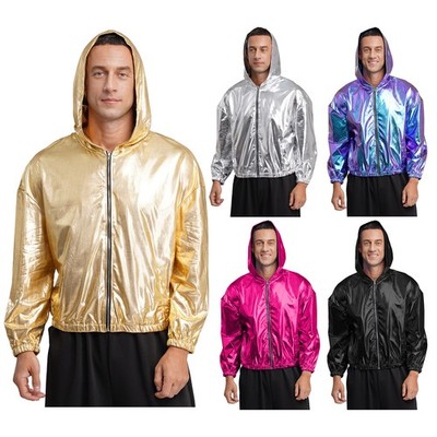Men Jacket Bomber Sweatshirt Baseball Outerwear 79s Disco Coat Shiny Cardigan