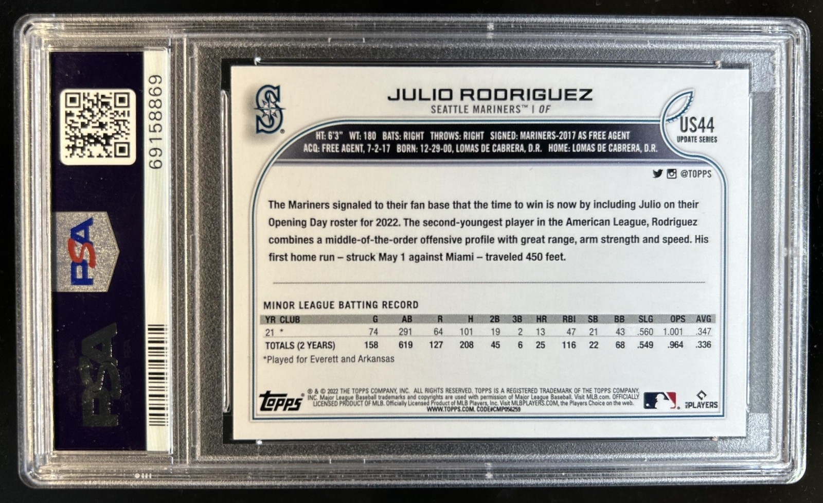 2022 Topps Update Julio Rodriguez RC Rookie #US44b Mariners PSA 10 GEM MINT view 2