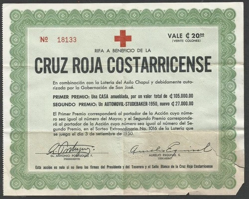 RED CROSS COSTA RICA Charity Raflle Ticket 1950 Very Rare!!! Repaired