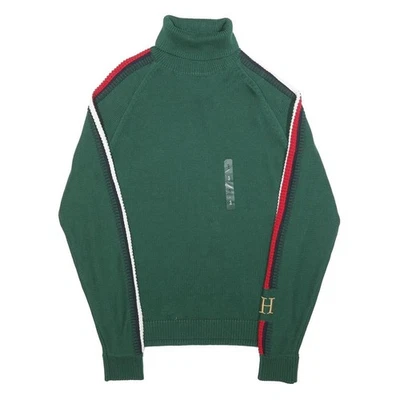 TOMMY HILFIGER Pull Homme Vert À Motifs Col Roulé Maille Épaisse Taille S H T - Photo 1/4