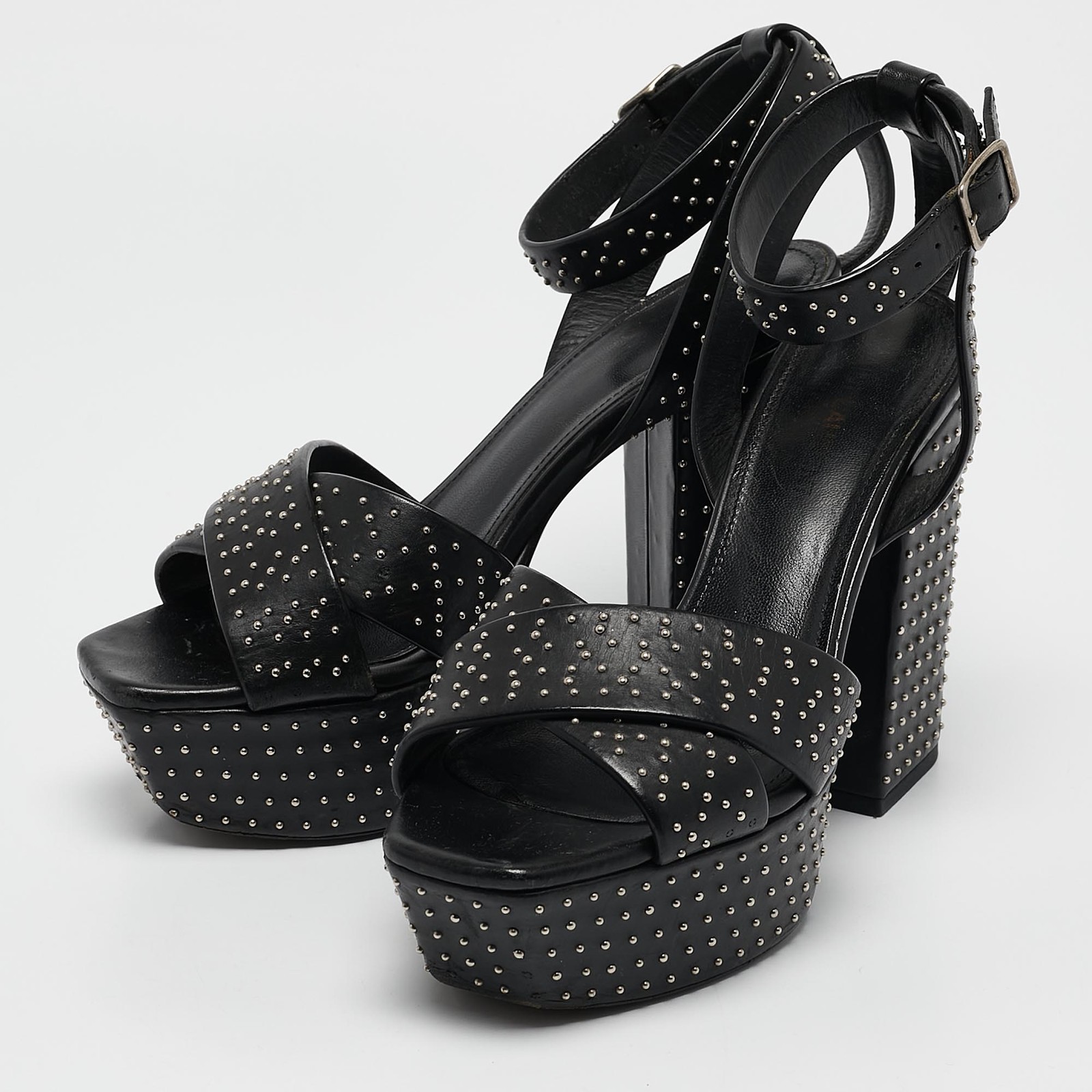 Sandali Saint Laurent neri in pelle con borchie Farrah incrociate plateau taglia 36