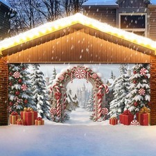 Christmas Garage Door Banner Cover Winter Snow Scene Outdoor 7x16 ft Candy Cane
