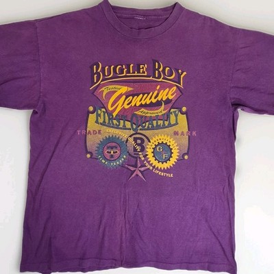 Vintage 90s Bugle Boy Genuine First Quality Graphic T Shirt L Purple USA Boxy
