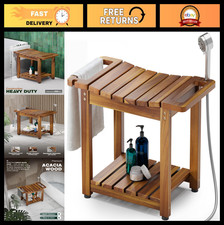 Natural Wood Shower Bench with Storage Shelf, Waterproof Spa Stool for Bathroom,