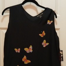 C.A. sport magic Women's L Black Butterfly Print Silk Sleeveless V-Neck Blouse