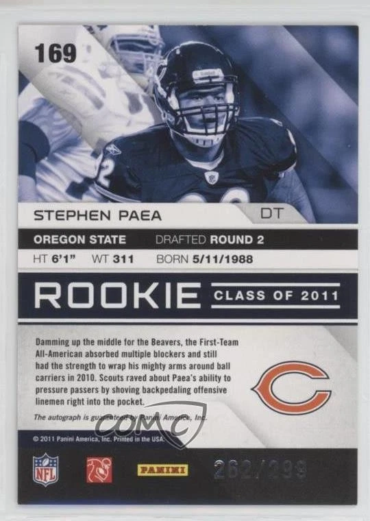 2011 Panini Absolute Memorabilia Spectrum Gold /299 Stephen Paea Rookie Auto RC - Image 2 of 2