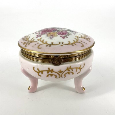 Vintage Norleans Trinket Box Pink Floral Roses Hinged Footed Porcelain Japan