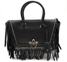 Valentino Black Rockstud Fringe Demilune Tote Bag