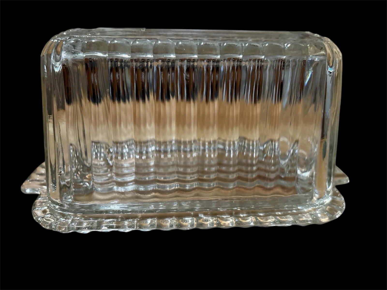 Vintage Anchor Hocking Clear Ribbed Glass Butter Dish Holds 1 lb Block Of Butter