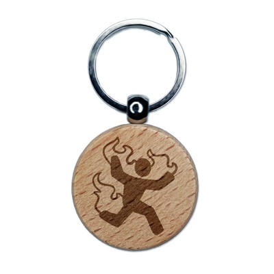 Man on Fire Symbol Warning Danger Risk Hazard Engraved Wood Round Keychain Tag