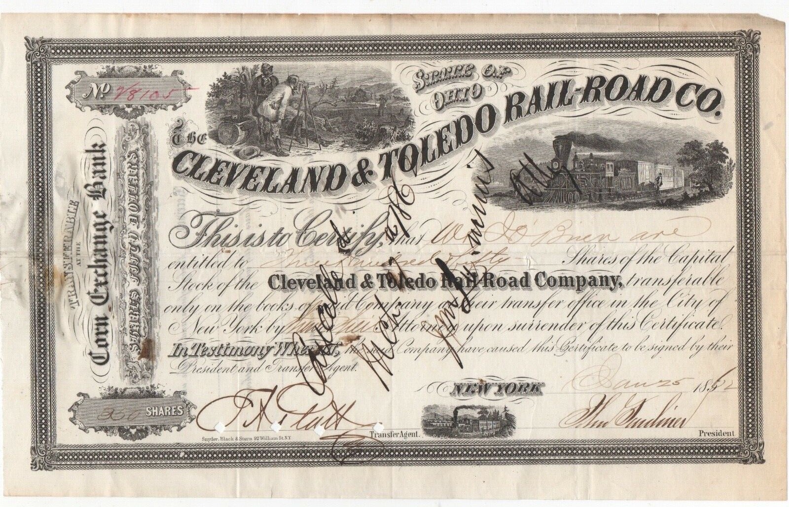 1862 Cleveland & Toledo Railroad Vintage Stock Certificate Collectible