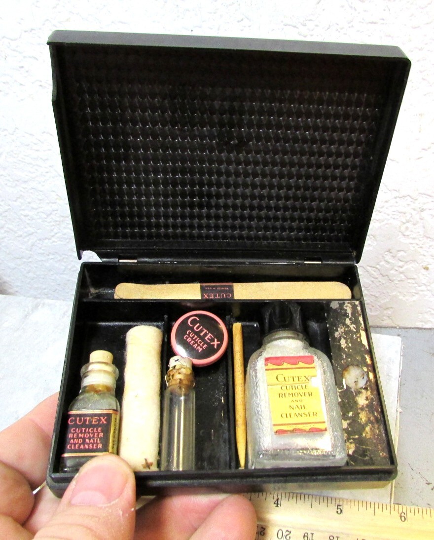 vintage travel style Cutex Finger nail kit, cool bottles & tin, vanity decor