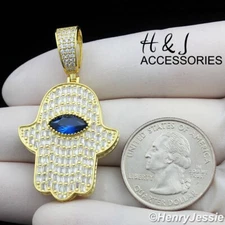 925 STERLING SILVER ICY BLING CZ GOLD PLATED EVIL EYE HAMSA HAND PENDANT*AGP421