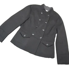 Kenar Wool Pea Coat Womens L Black Mock Neck Double Breasted Peplum Minimalist