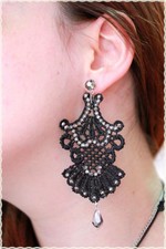 Orecchini pizzo macrame neri artigianali strass punto luce goccia pendente