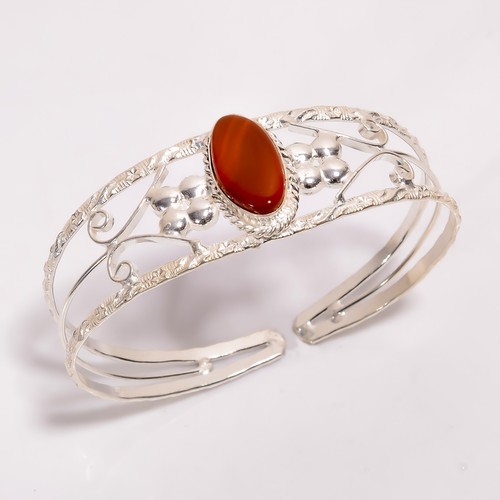 Natural Carnelian 925 Silver Handcrafted Bezel Wedding Daily Wear Cuff Bracelet
