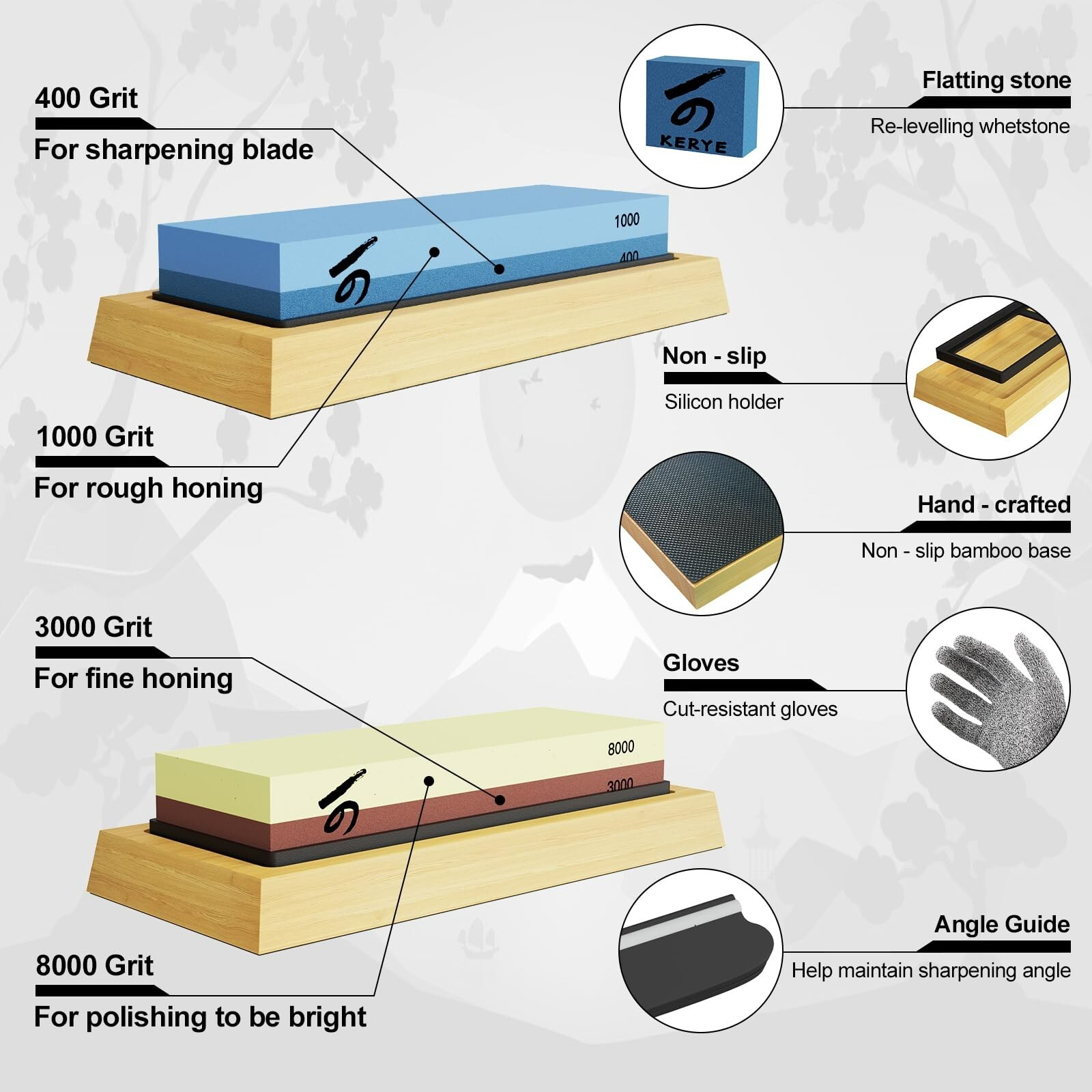 Knife Sharpening Stone Set, KERYE Professional Japanese Whetstone Knife