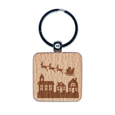 Santa in Sleigh Over Town Christmas Eve Engraved Wood Square Keychain Tag Charm