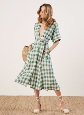 Reformation Geneva Dress In Green Gingham Linen Midi XS | eBay