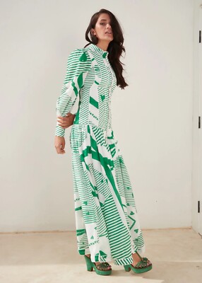 MACKENZIE MODE MAXI DRESS SIZE 8 LINEN GREEN WHITE BUTTONED AUTUMN WINTER |  eBay Australia