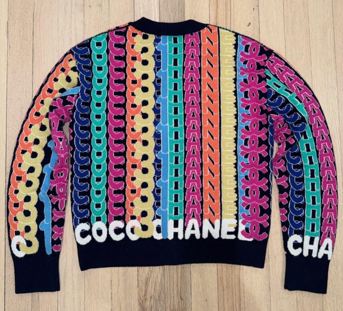 Chanel 21K Blue Rainbow Letter Logo CC Button Long Sleeve Cardigan