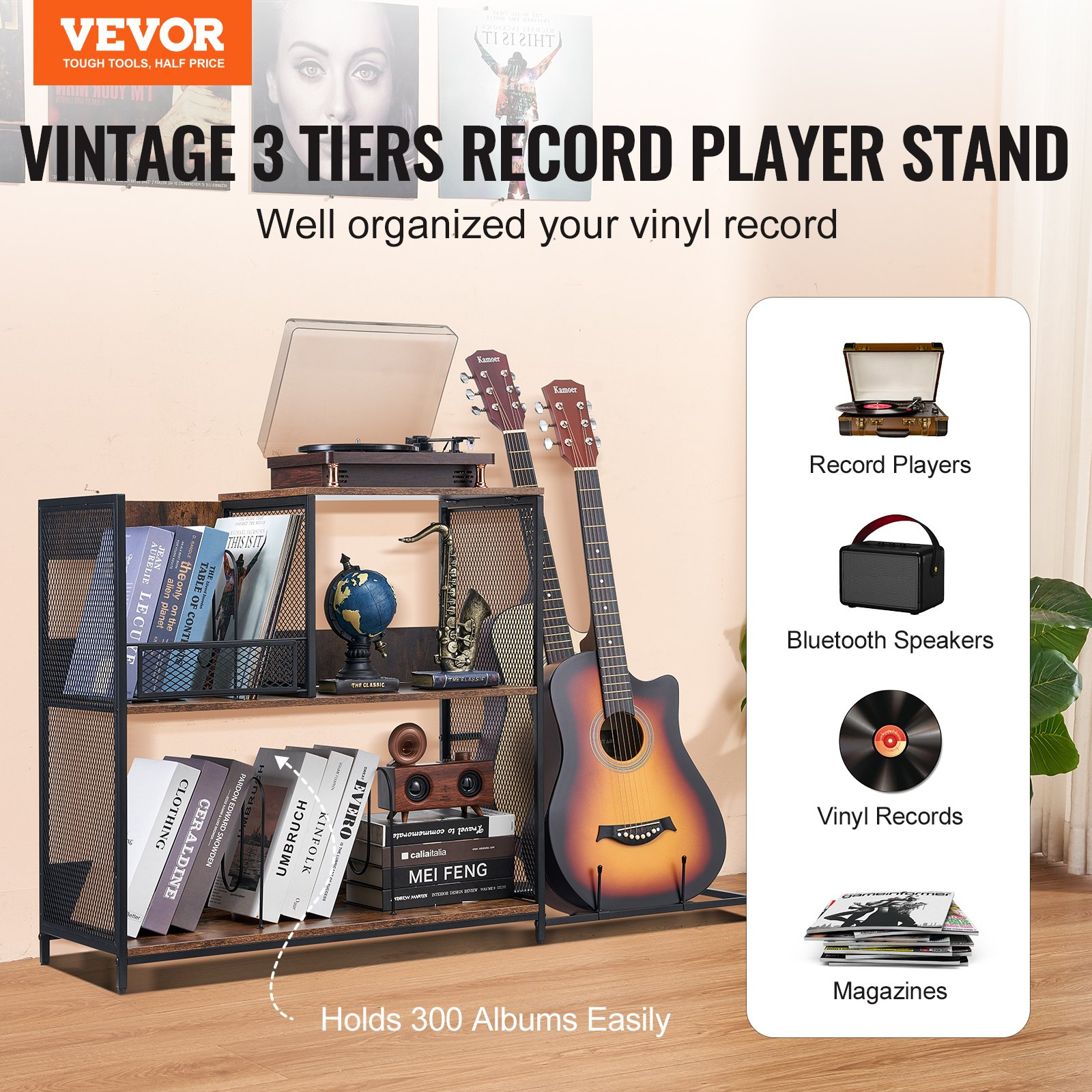 3-Tier Metal Record Player Stand with Guitar Storage in Black-image
