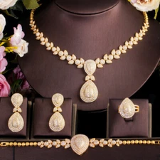 Fancy Yellow Gold Plated Necklace Bracelet Earrings Ring CZ Wedding Jewelry Set