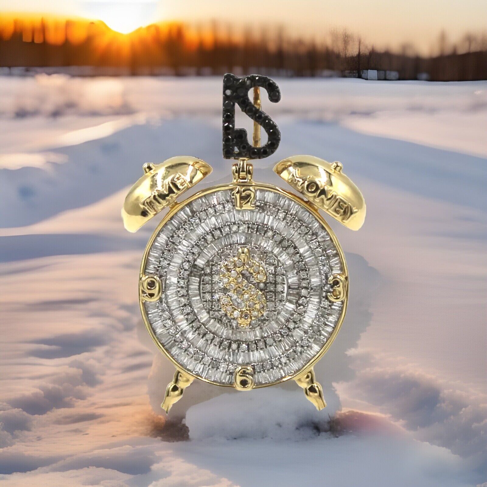 Iced Out 10K Gold 1-3/4 CTW Diamond Time Is Money Cash $ Clock Pendant Charm 10g