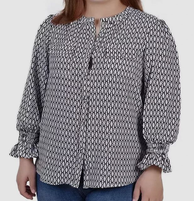 売れ筋商品|||ニューヨークコレクション カットソー トップス レディース Petite 3/4 Sleeve Roll Tab Notch Collar Blouse Black and White Justin $44 NY Collection Women White Roll Tab 3/4 Sleeve Notch