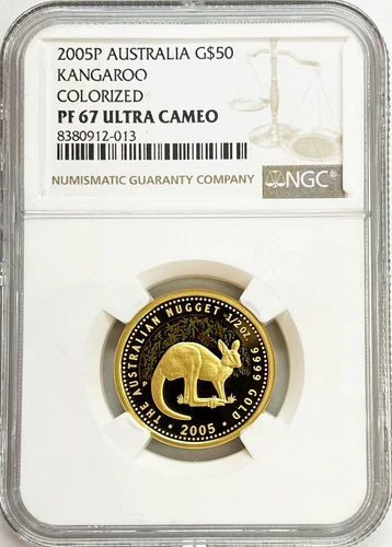 2005 GOLD AUSTRALIA 500 MINTED $50 KANGAROO 1/2 OZ COLORIZED COIN NGC PF 67 UC